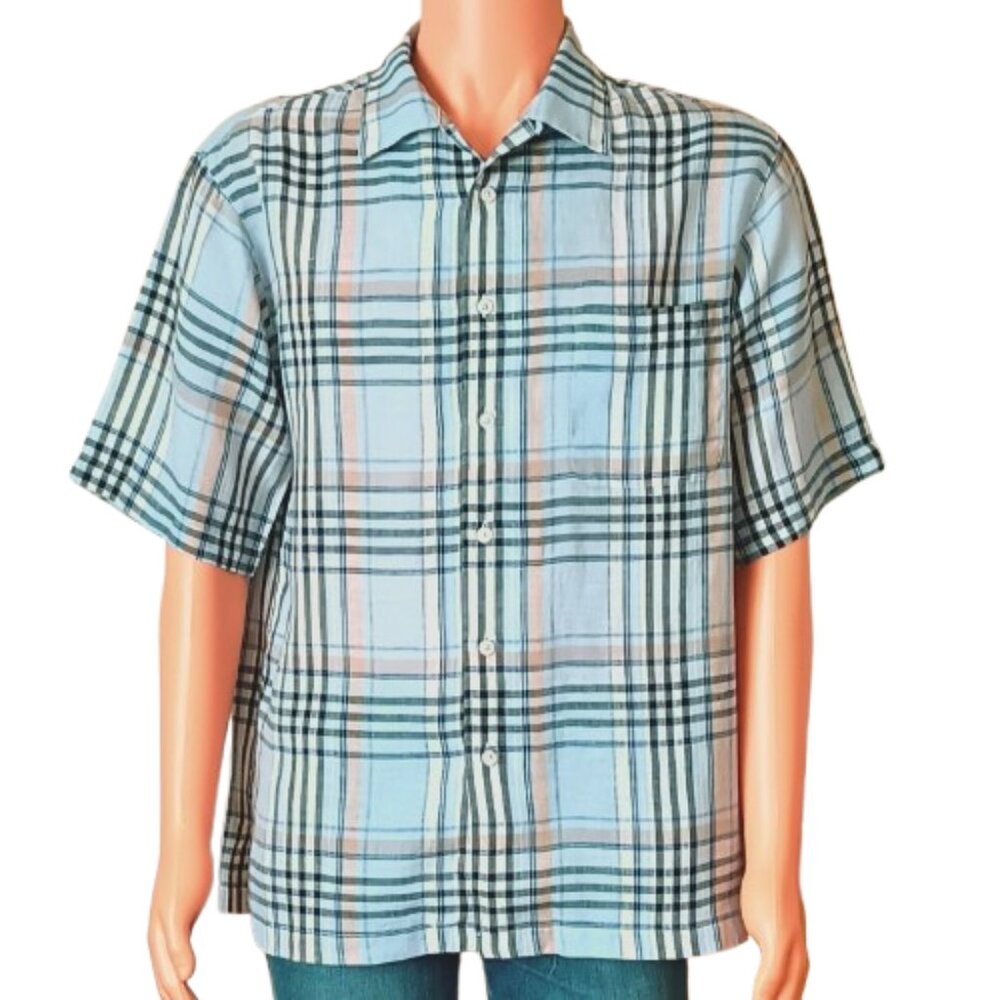 Daniel Cremieux Plaid Linen Shirt M Blue Short Sleeve Button Down Front Pocket